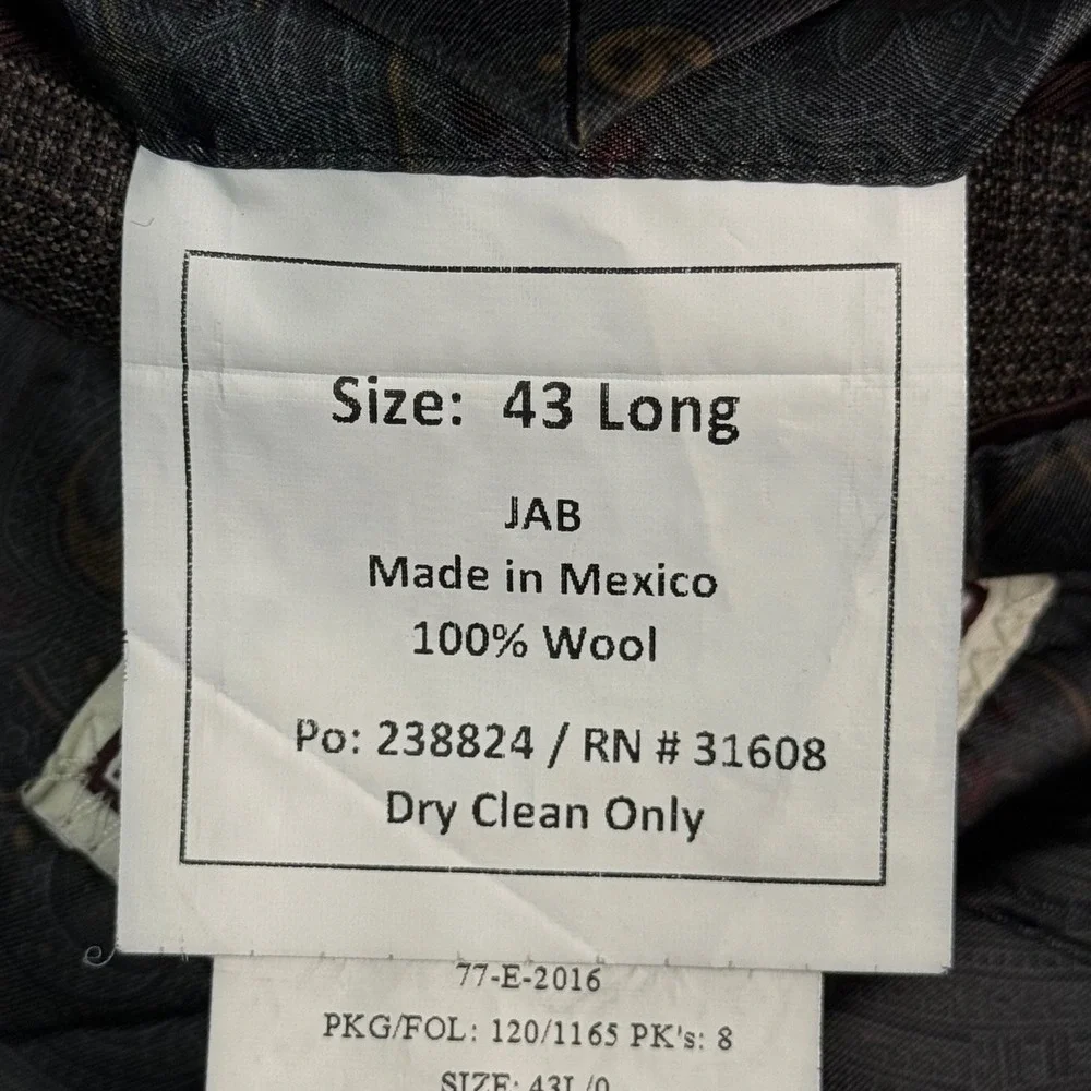 Jos. A. Bank 1905 Tailored Fit Brown 100% Wool Blazer Sport Coat Mens‎ 43 Long